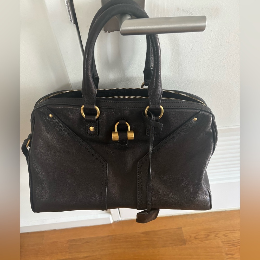 Yves Saint Laurent Muse Black Leather Satchel Handbag with Gold Hardware